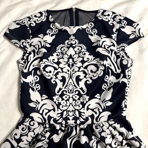 Black/White Baroque Print Flared Dress